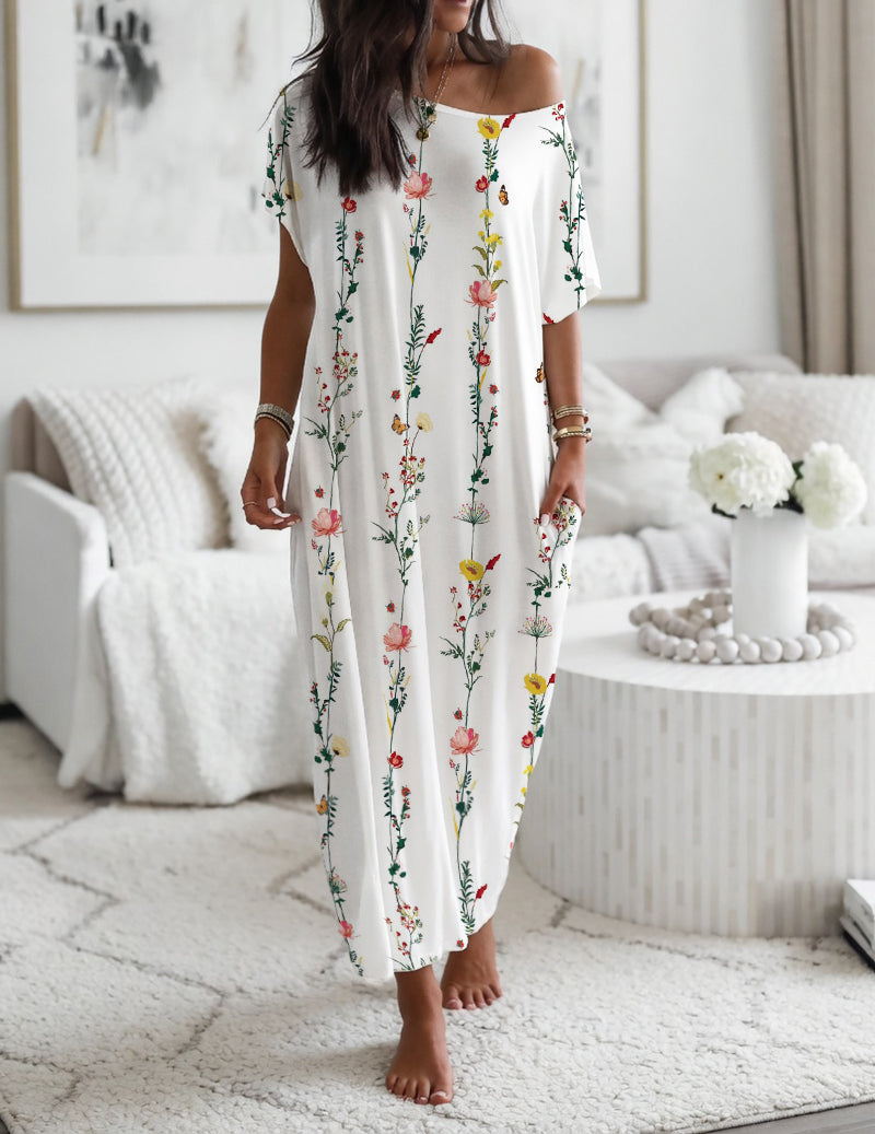White off-shoulder nightgown with colorful rose and greenery floral print, loose midi