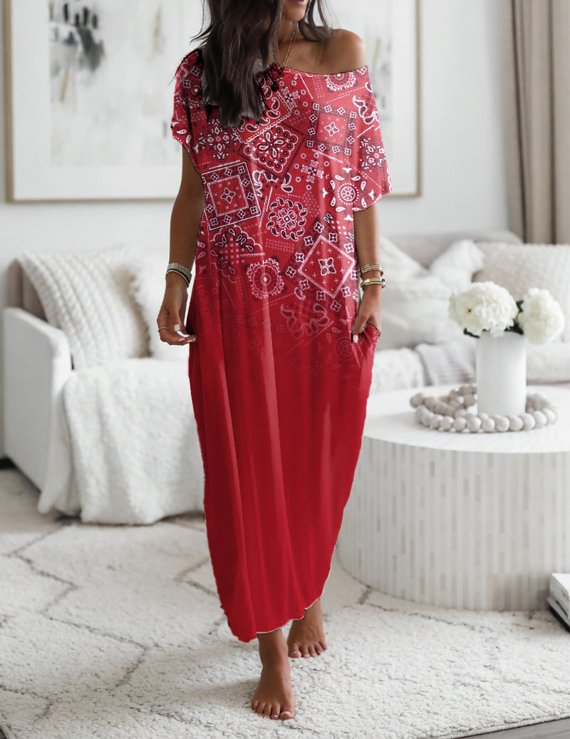 Off-shoulder boho midi nightgown in rich red with white bandana pattern sleeves