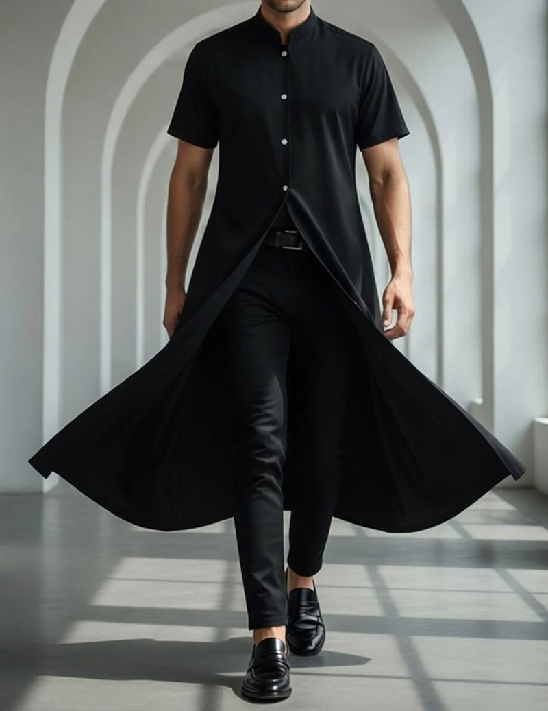 Men’s black short-sleeve mandarin-collar open shirt with long flowing drape