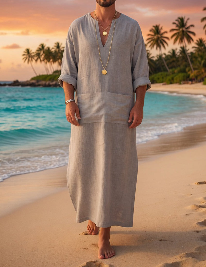 Men's 100% Cotton Linen Long Tunic Dress with Pocket – V-Neck Resort Beach Caftan