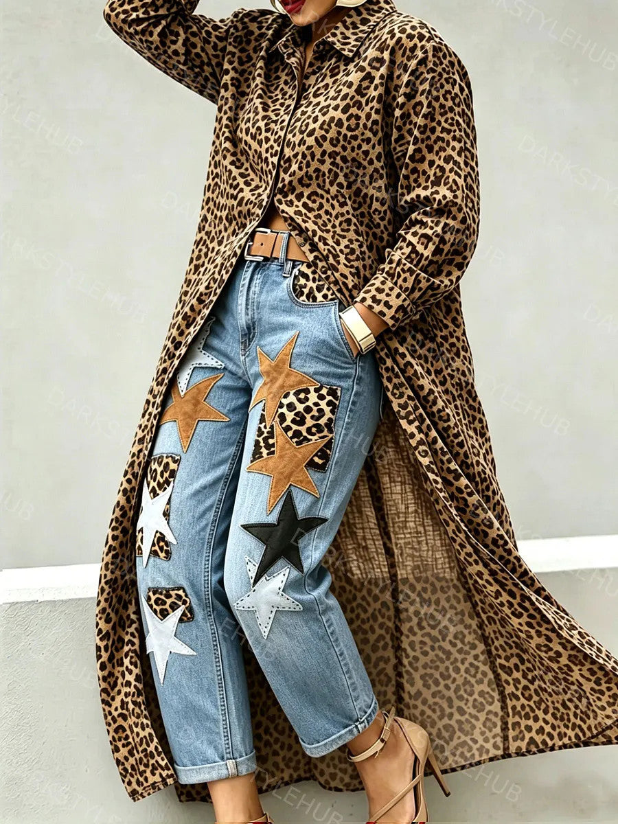 Leopard print oversized long button-down shirt over denim jeans with star patches