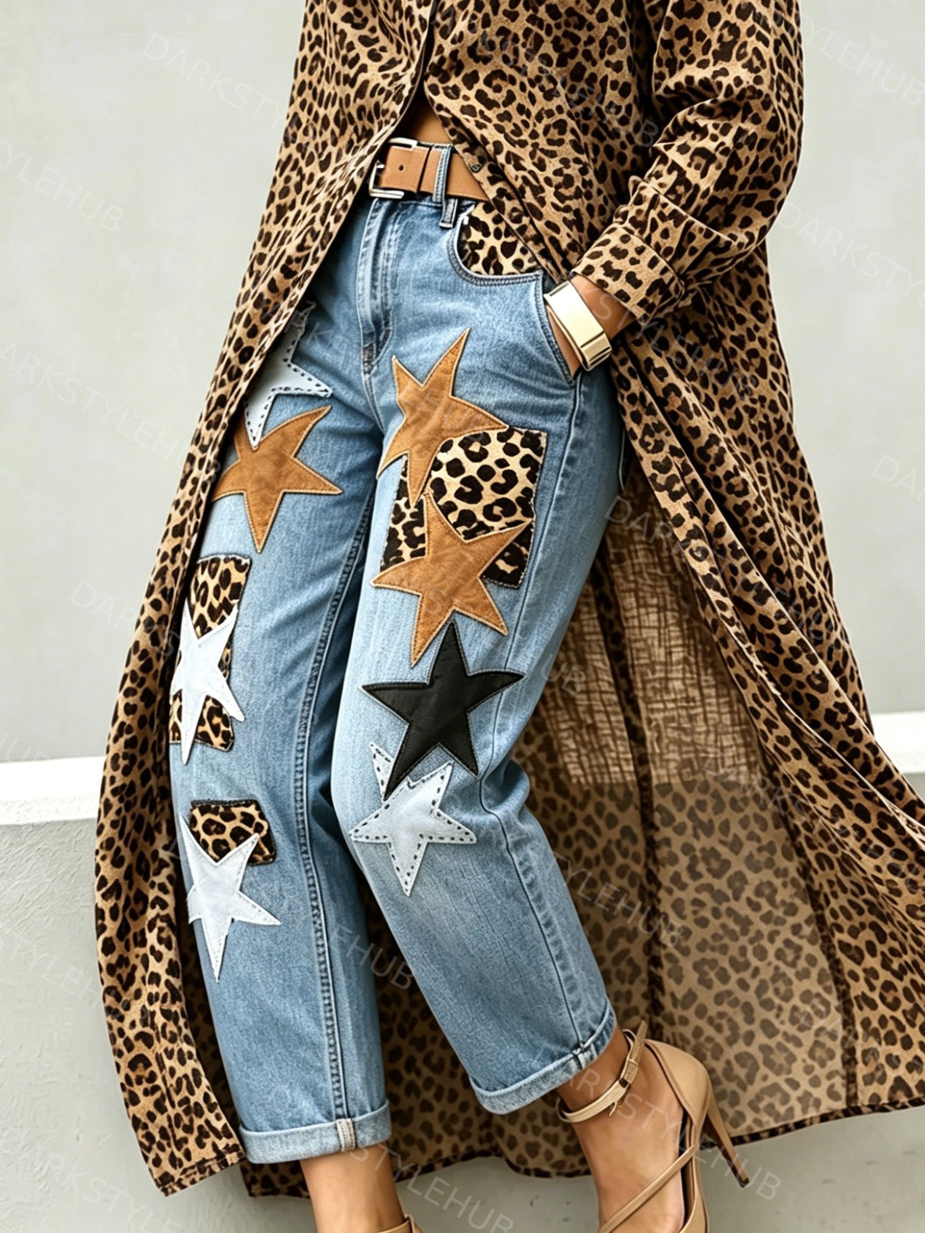 Leopard print long button-down shirt with rolled cuffs paired with star-patch denim jeans