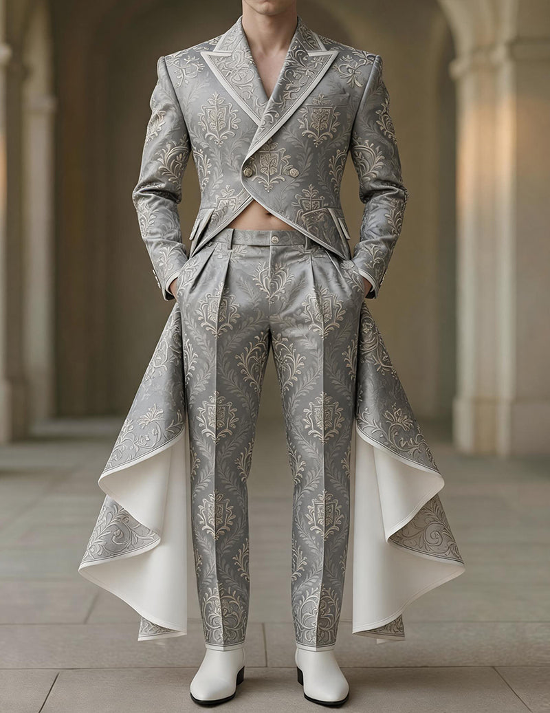 Men's brocade tailcoat jacket and formal trousers set, grey with ornate gold pattern