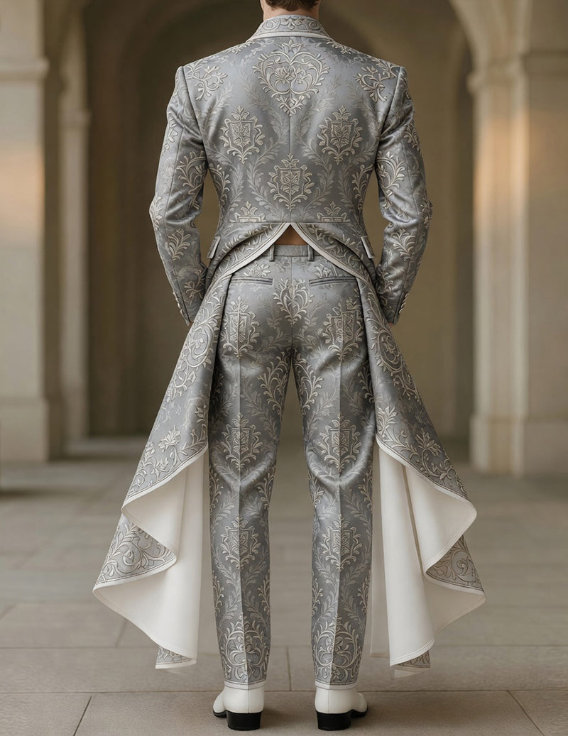 Men's grey brocade tailcoat back view with ornate gold pattern and flared trousers