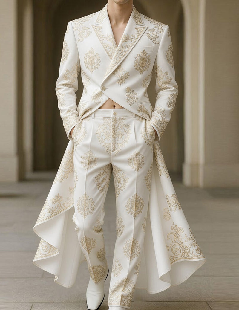 Men's cream/white brocade tailcoat jacket and formal trousers, gold ornate pattern