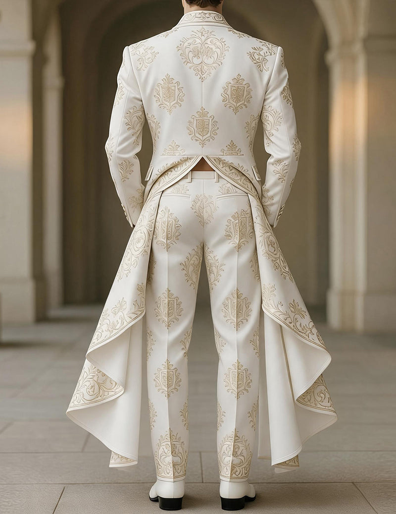 Back view of cream/white brocade tailcoat and formal trousers with gold ornate motif