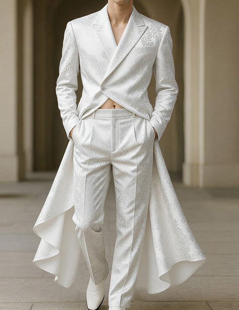 Men's white brocade tailcoat jacket and formal trousers set, ornate gold pattern