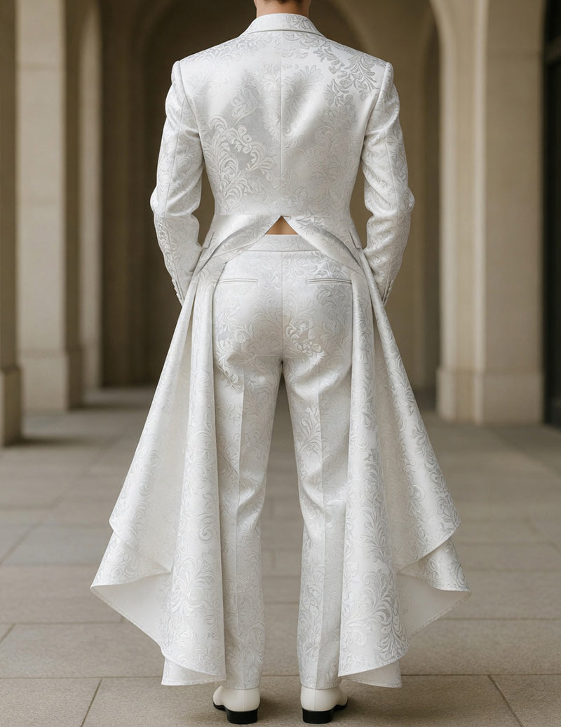 White brocade tailcoat back view with ornate gold motif and matching flared trousers
