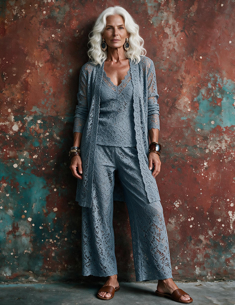 Ekouaer Lace Trim Satin 3-Piece Pajama Set for Her – Short Sleeve Loungewear
