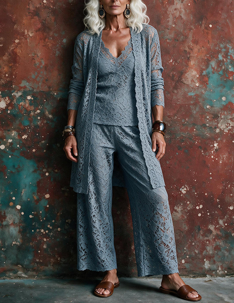Ekouaer Lace Trim Satin 3-Piece Pajama Set for Her – Short Sleeve Loungewear
