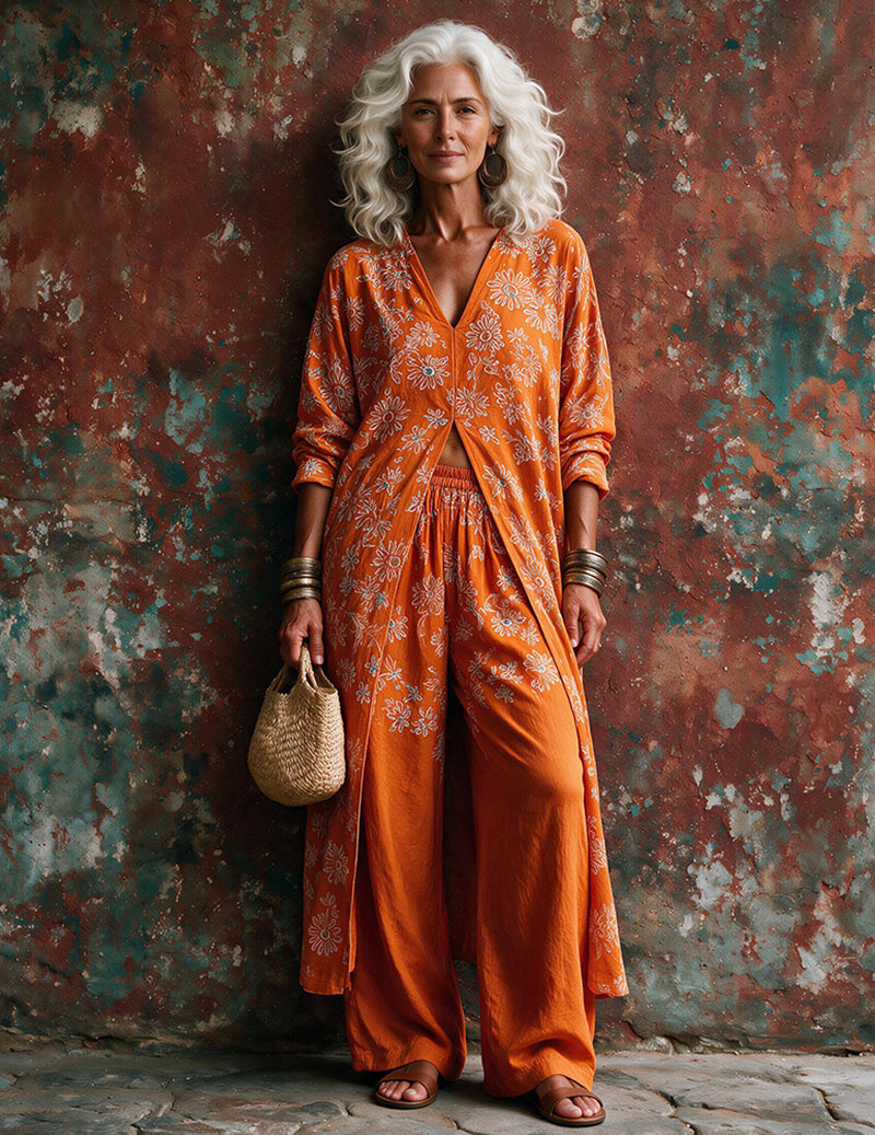 Ekouaer Boho Floral Embroidered Lounge Set – Long Cardigan + Palazzo Pants