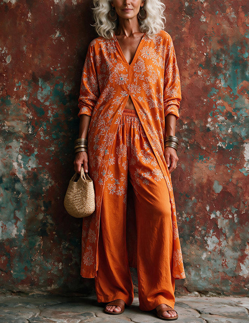 Ekouaer Boho Floral Embroidered Lounge Set – Long Cardigan + Palazzo Pants
