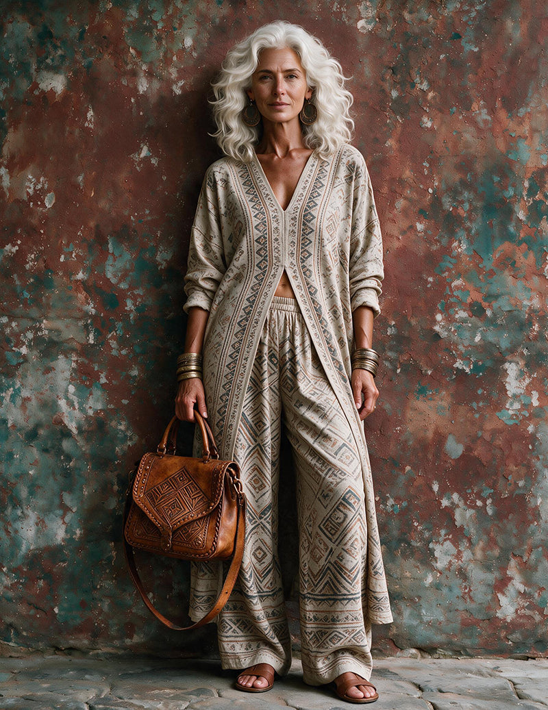 Ekouaer Boho Geometric Print Open-Front Cardigan & Wide-Leg Pants Set