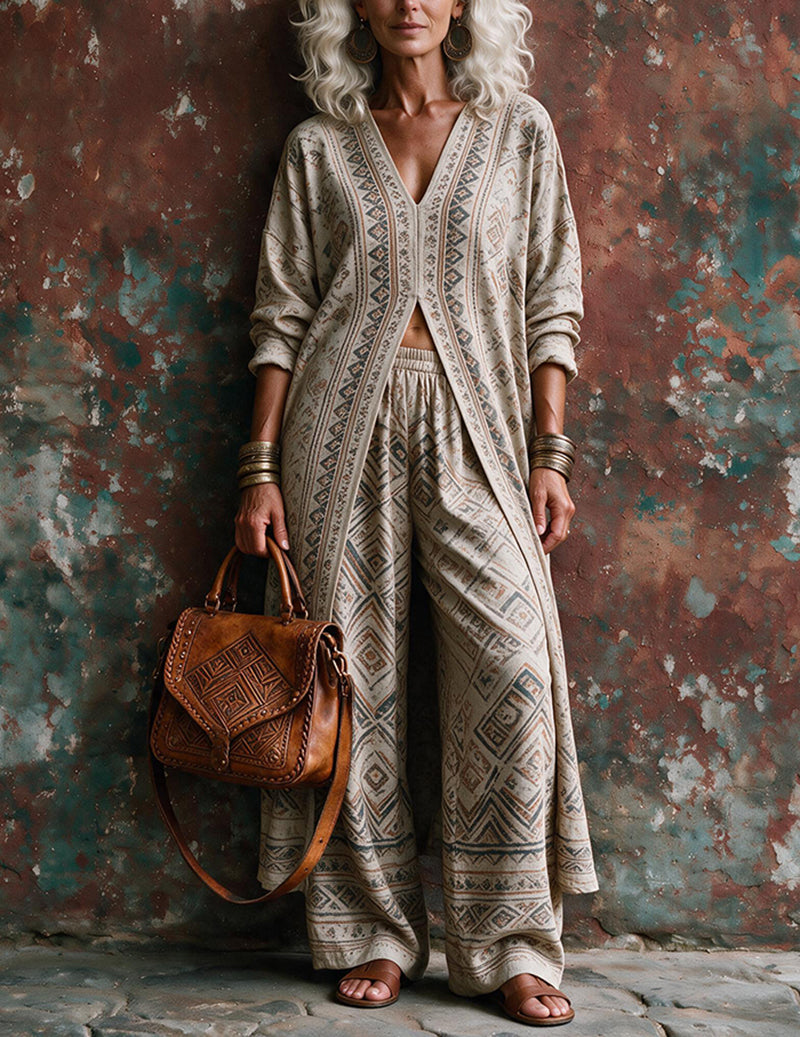 Ekouaer Boho Geometric Print Open-Front Cardigan & Wide-Leg Pants Set
