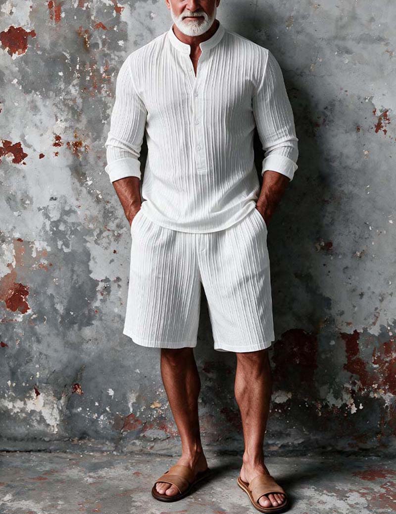 Men Soft Textured Long Sleeve Pajama Set Two-Piece Loungewear - White