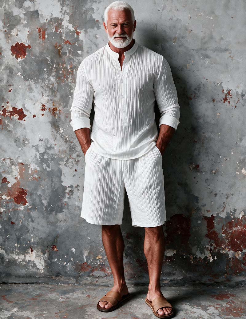 Men Soft Textured Long Sleeve Pajama Set Two-Piece Loungewear - White