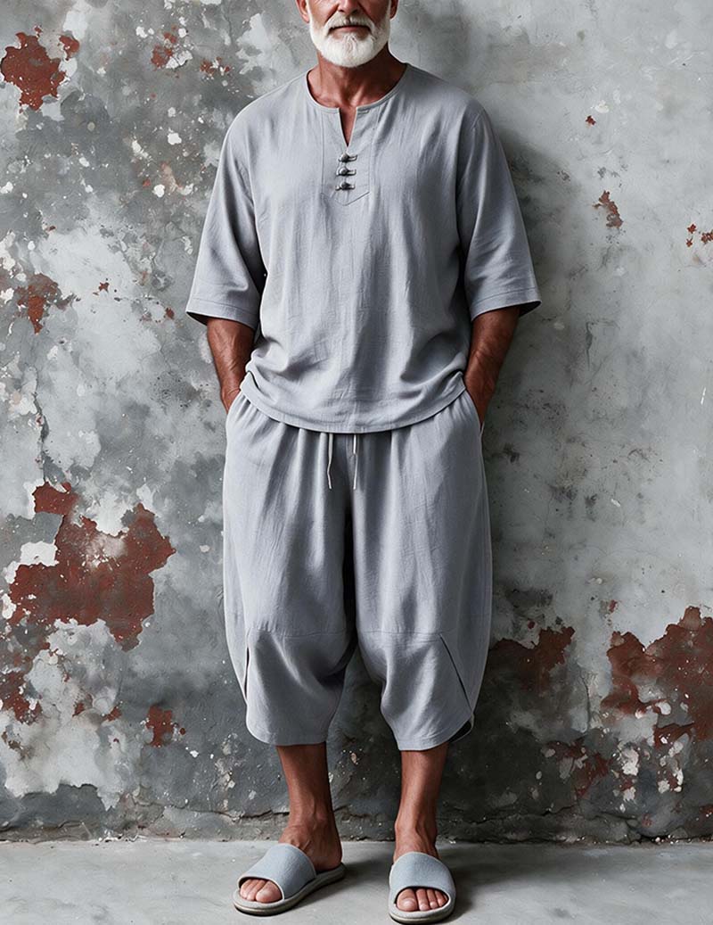 Men Linen-Feel Long Sleeve Pajama Set Two-Piece Loungewear - Grey