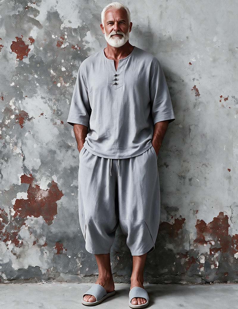 Men Linen-Feel Long Sleeve Pajama Set Two-Piece Loungewear - Grey