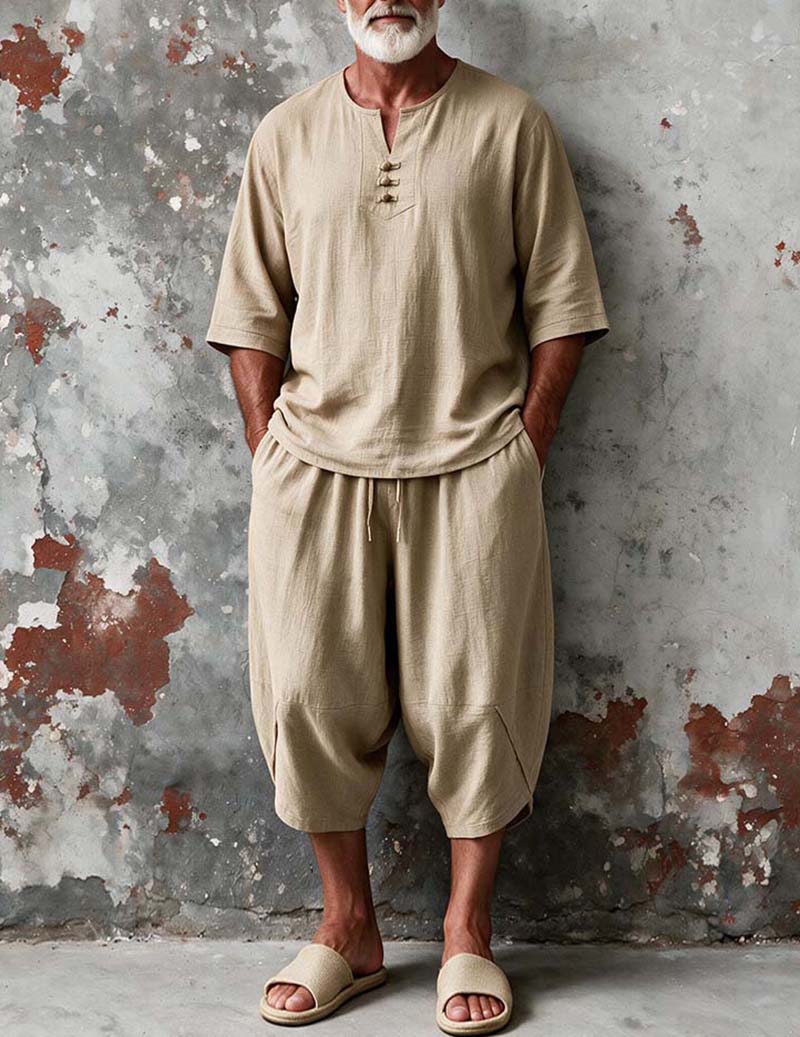 Men Linen-Feel Long Sleeve Pajama Set Two-Piece Loungewear - Khaki