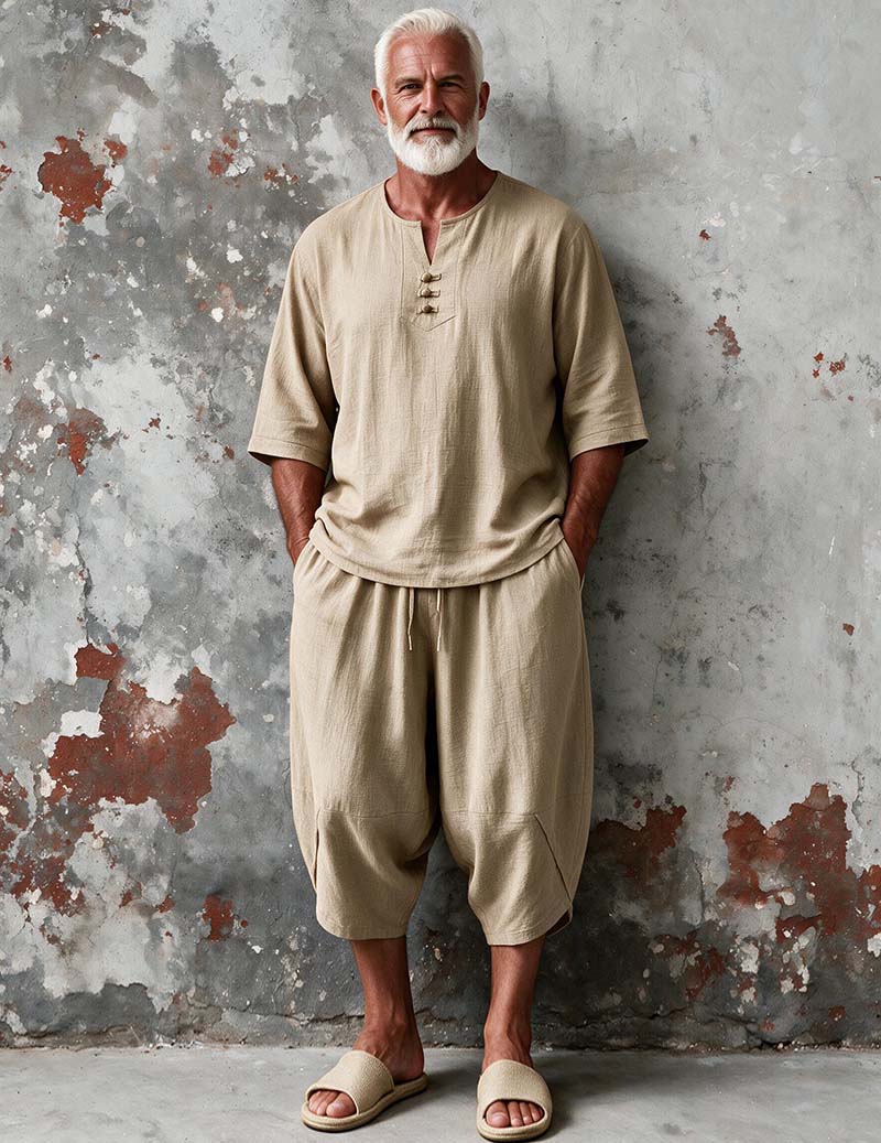 Men Linen-Feel Long Sleeve Pajama Set Two-Piece Loungewear - Khaki