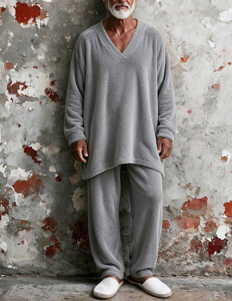 Men Plush Fleece Long Sleeve Pajama Set Two-Piece Loungewear - Grey