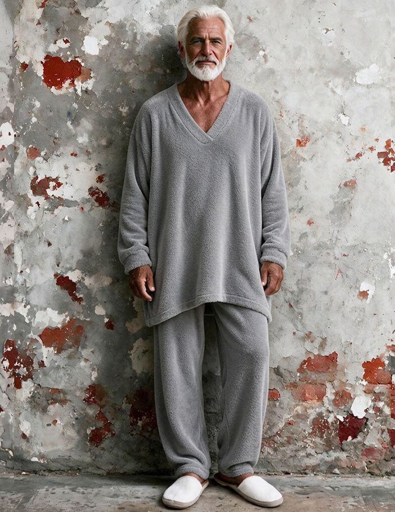 Men Plush Fleece Long Sleeve Pajama Set Two-Piece Loungewear - Grey