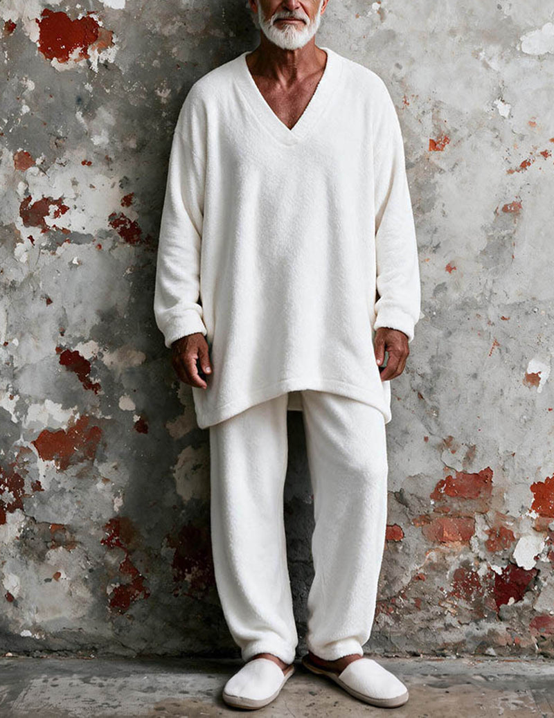 Men Plush Fleece Long Sleeve Pajama Set Two-Piece Loungewear - White
