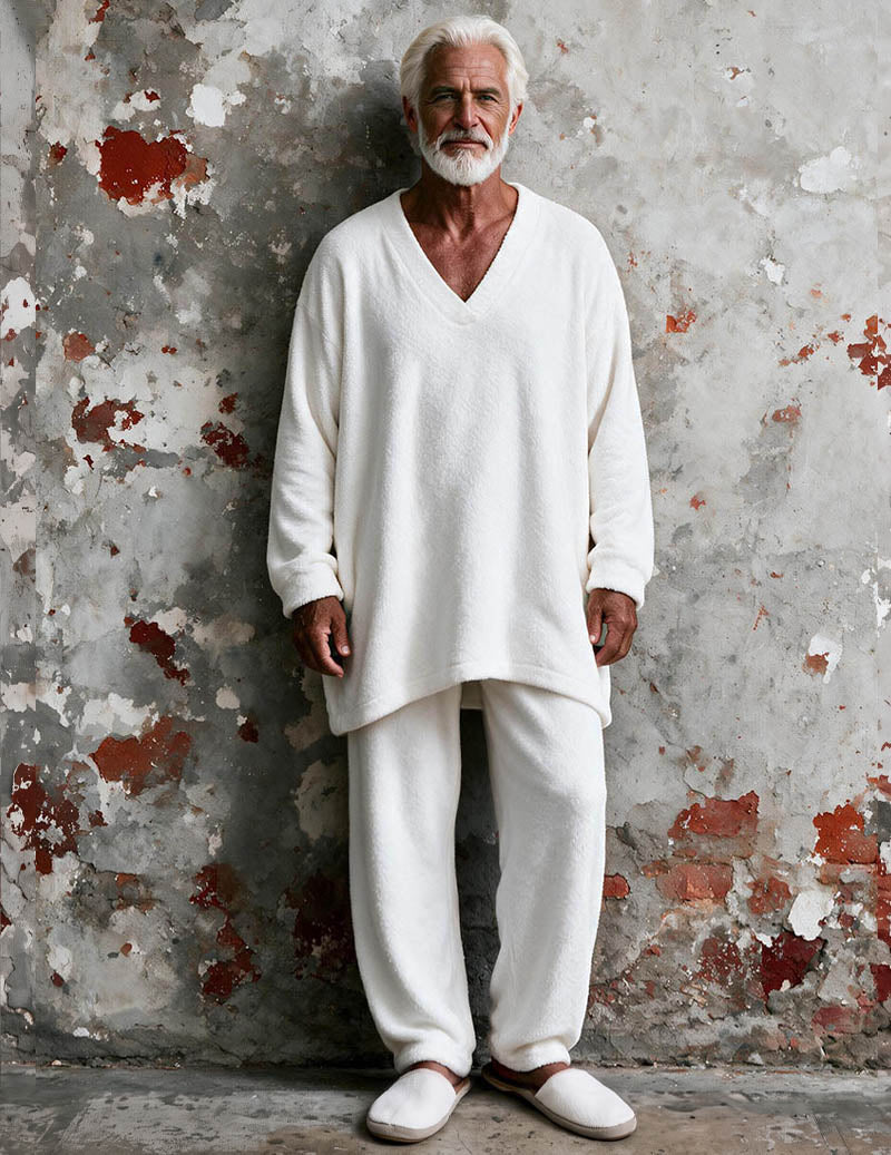 Men Plush Fleece Long Sleeve Pajama Set Two-Piece Loungewear - White