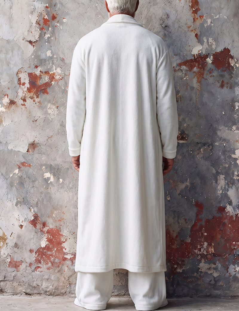 Men Heavyweight Plush Fleece Long Sleeve Pajama Set Two-Piece Loungewear - White