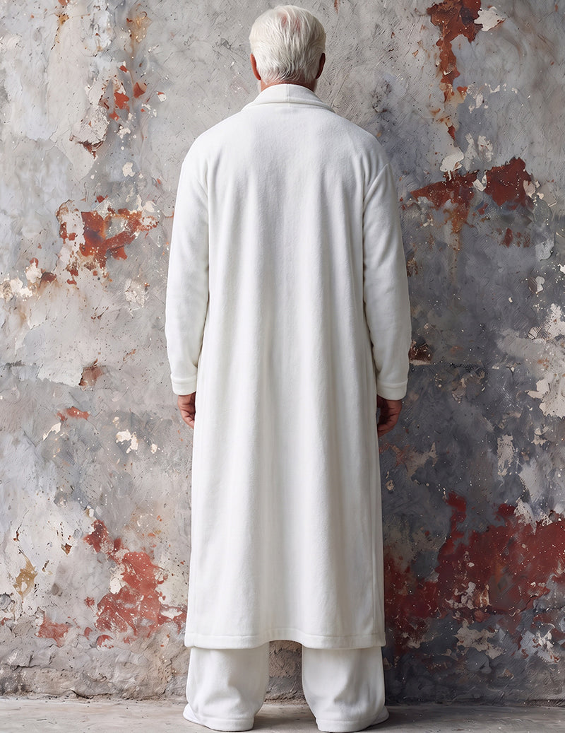 Men Heavyweight Plush Fleece Long Sleeve Pajama Set Two-Piece Loungewear - White