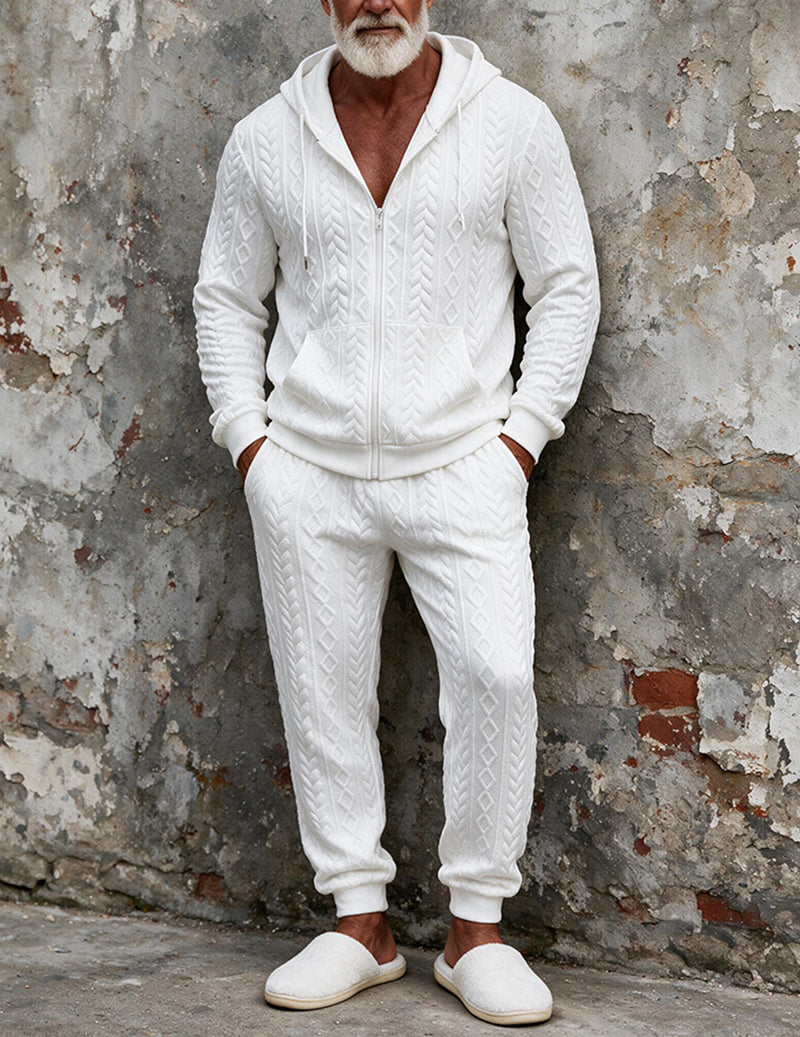 Men Jacquard Knit Long Sleeve Pajama Set Two-Piece Loungewear - White