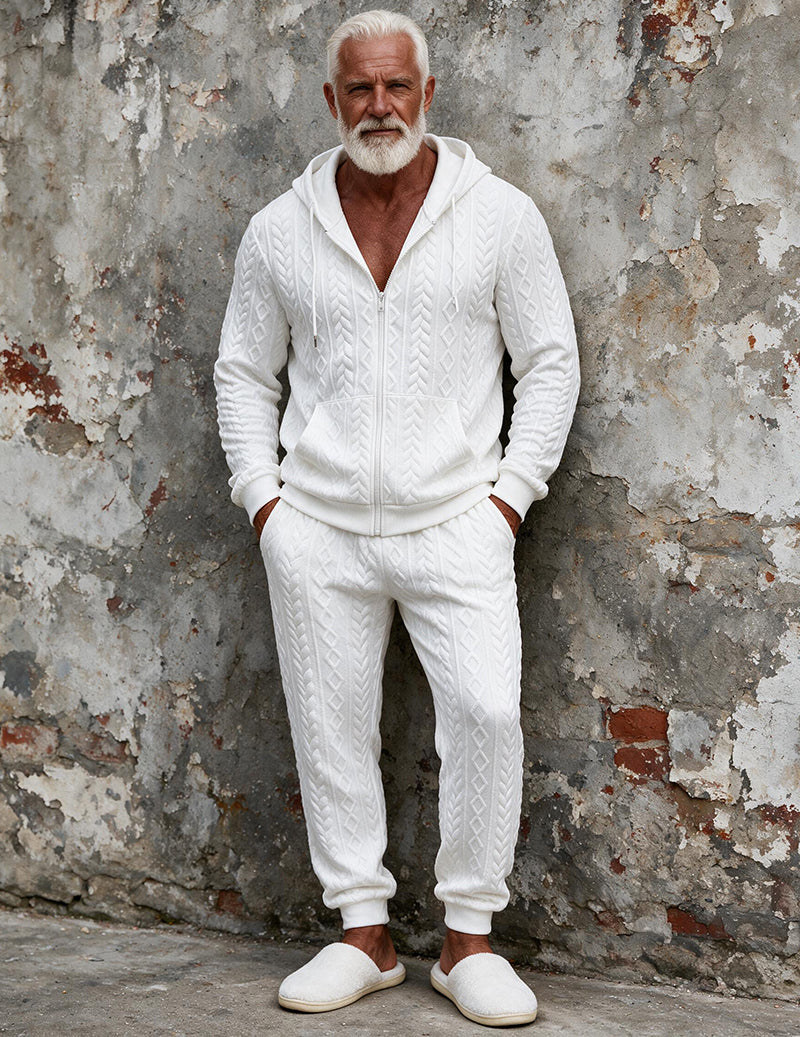 Men Jacquard Knit Long Sleeve Pajama Set Two-Piece Loungewear - White