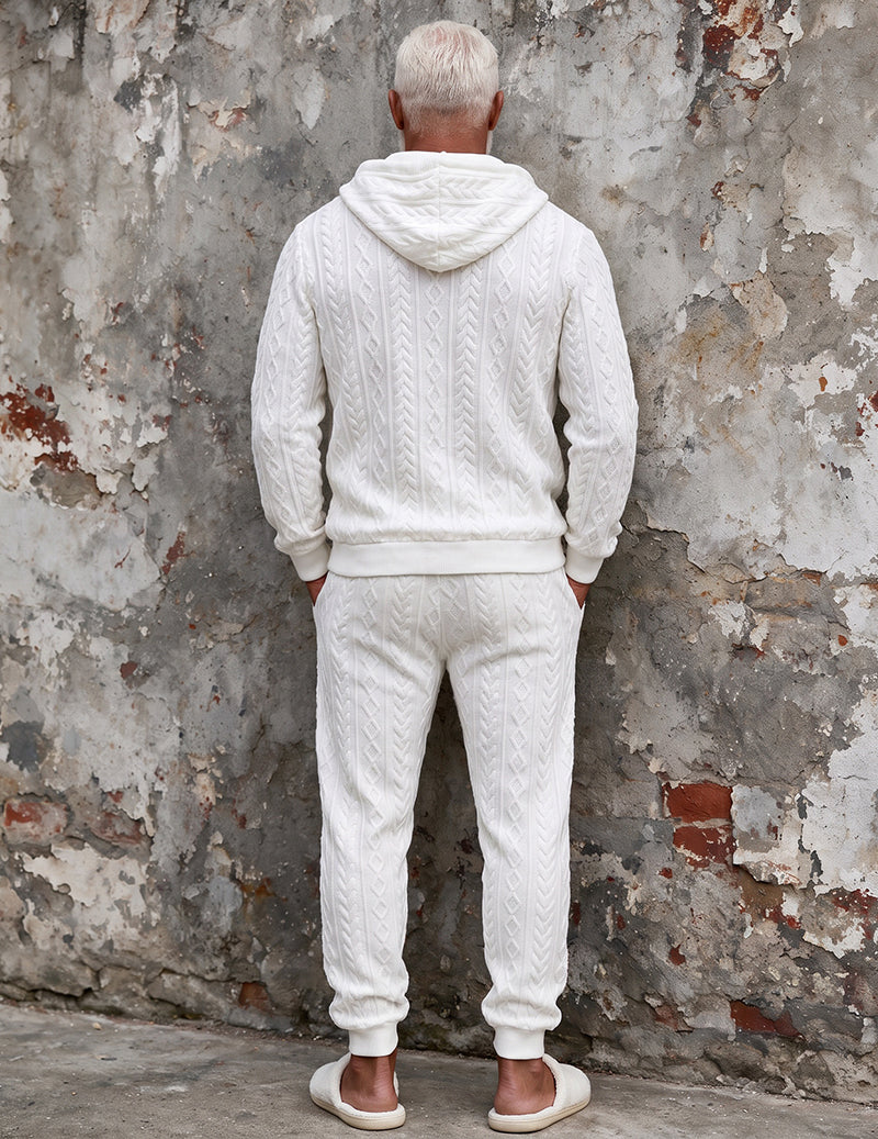 Men Jacquard Knit Long Sleeve Pajama Set Two-Piece Loungewear - White
