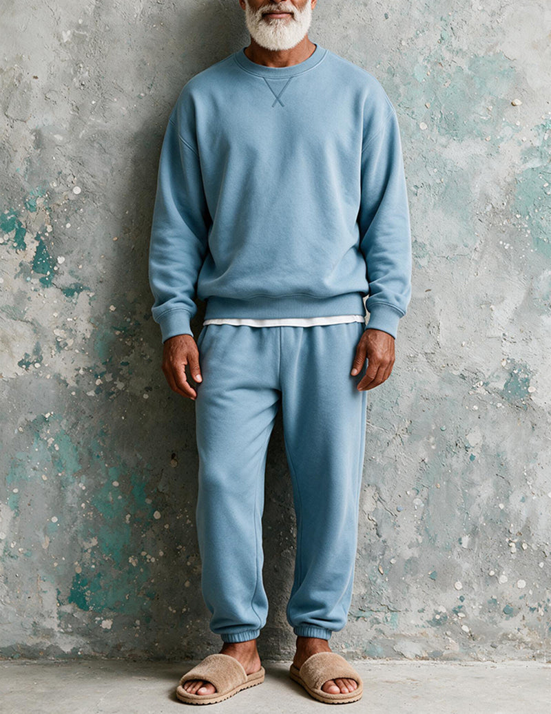 Men Soft Knit Long Sleeve Pajama Set Two-Piece Loungewear - Blue