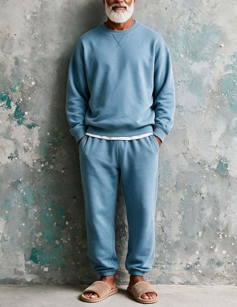 Men Soft Knit Long Sleeve Pajama Set Two-Piece Loungewear - Blue