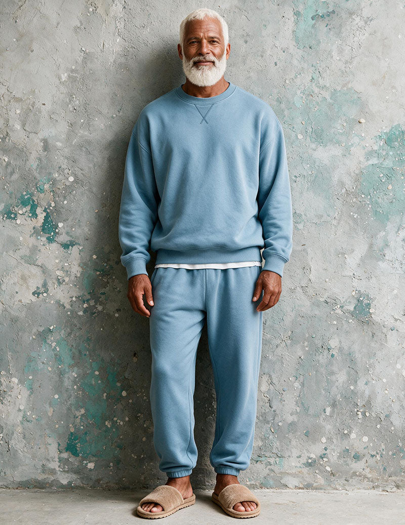 Men Soft Knit Long Sleeve Pajama Set Two-Piece Loungewear - Blue