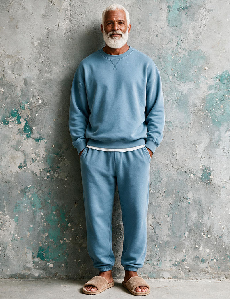 Men Soft Knit Long Sleeve Pajama Set Two-Piece Loungewear - Blue