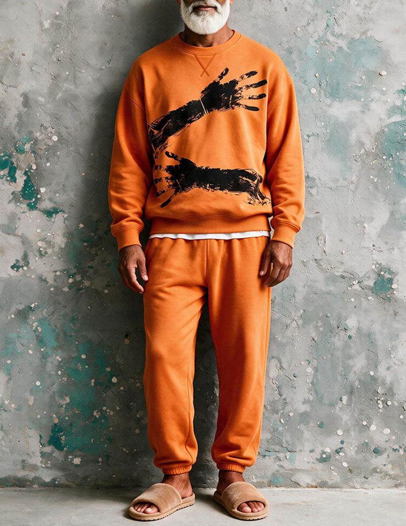 Men Casual Knit Long Sleeve Pajama Set Two-Piece Loungewear - Orange