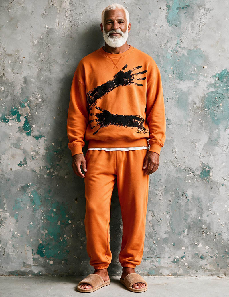 Men Casual Knit Long Sleeve Pajama Set Two-Piece Loungewear - Orange
