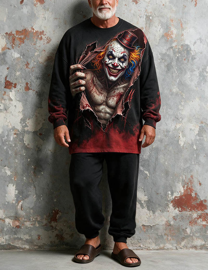 Men Print Knit Long Sleeve Pajama Set Two-Piece Loungewear - As Shown