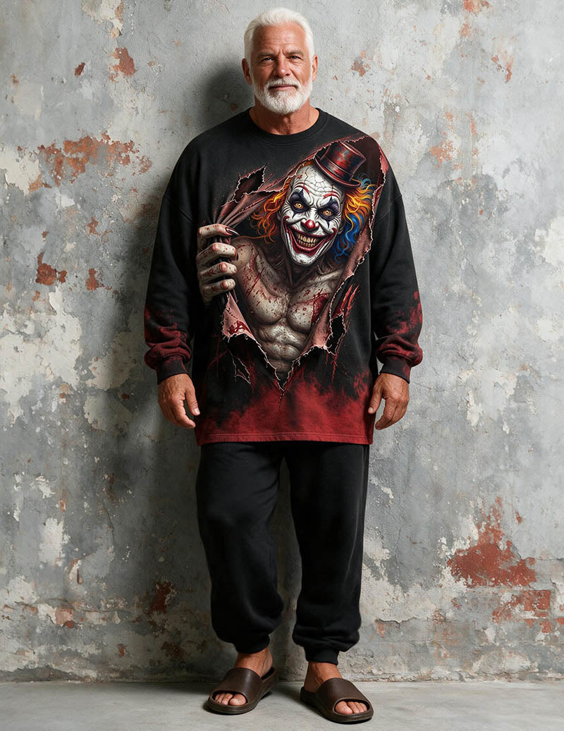 Men Print Knit Long Sleeve Pajama Set Two-Piece Loungewear - As Shown