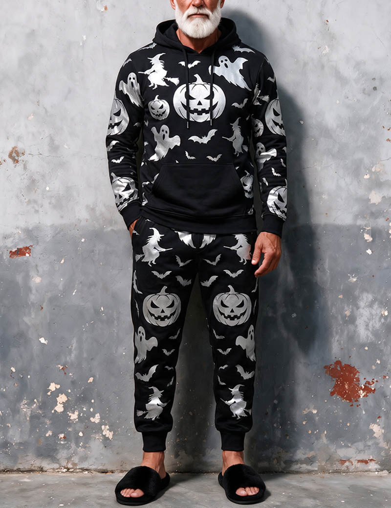Men Novelty Print Knit Long Sleeve Pajama Set Two-Piece Loungewear - As Shown