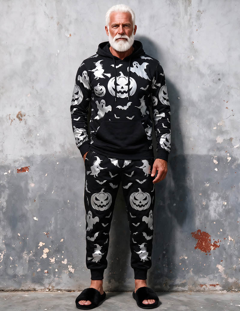 Men Novelty Print Knit Long Sleeve Pajama Set Two-Piece Loungewear - As Shown