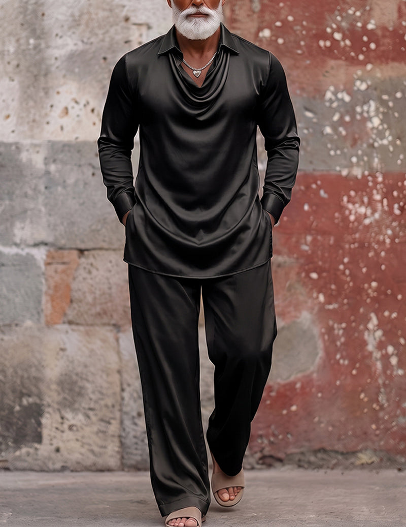 Men Satin Silky Long Sleeve Pajama Set Two-Piece Loungewear - Black
