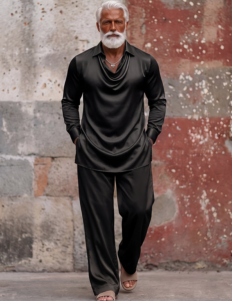 Men Satin Silky Long Sleeve Pajama Set Two-Piece Loungewear - Black