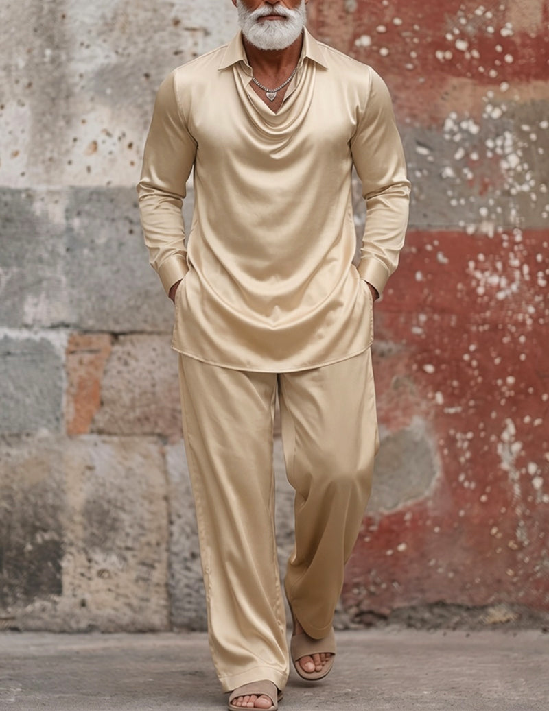 Men Satin Silky Long Sleeve Pajama Set Two-Piece Loungewear - Champagne