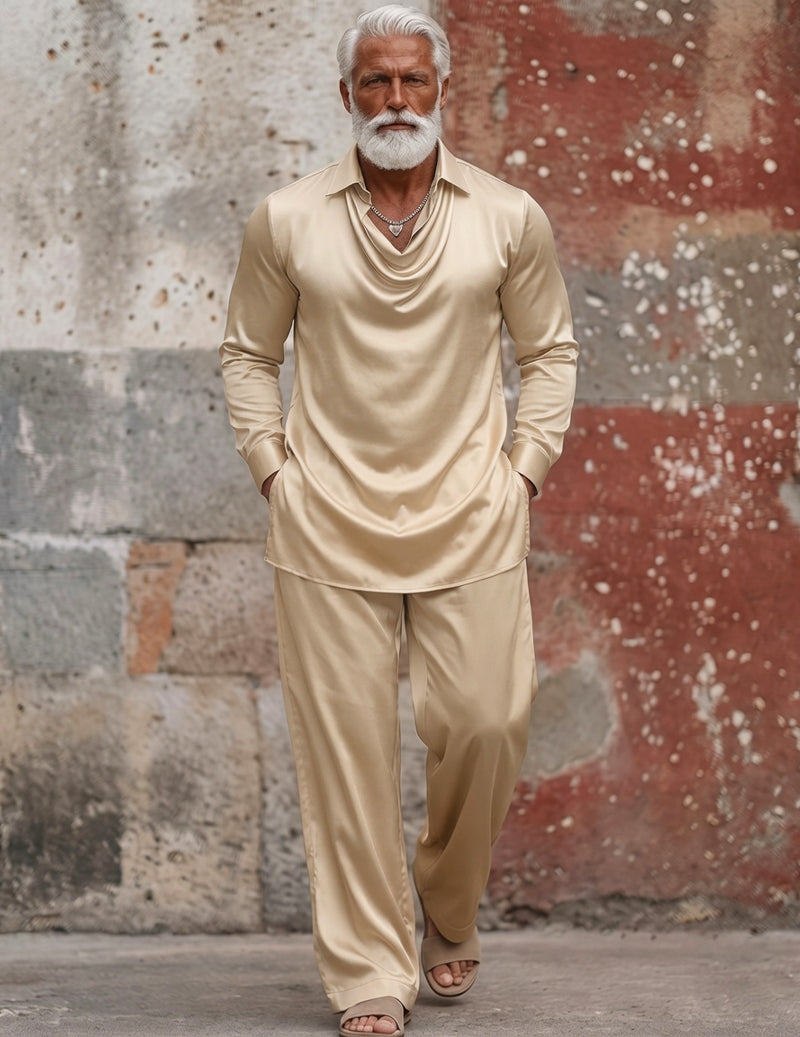 Men Satin Silky Long Sleeve Pajama Set Two-Piece Loungewear - Champagne
