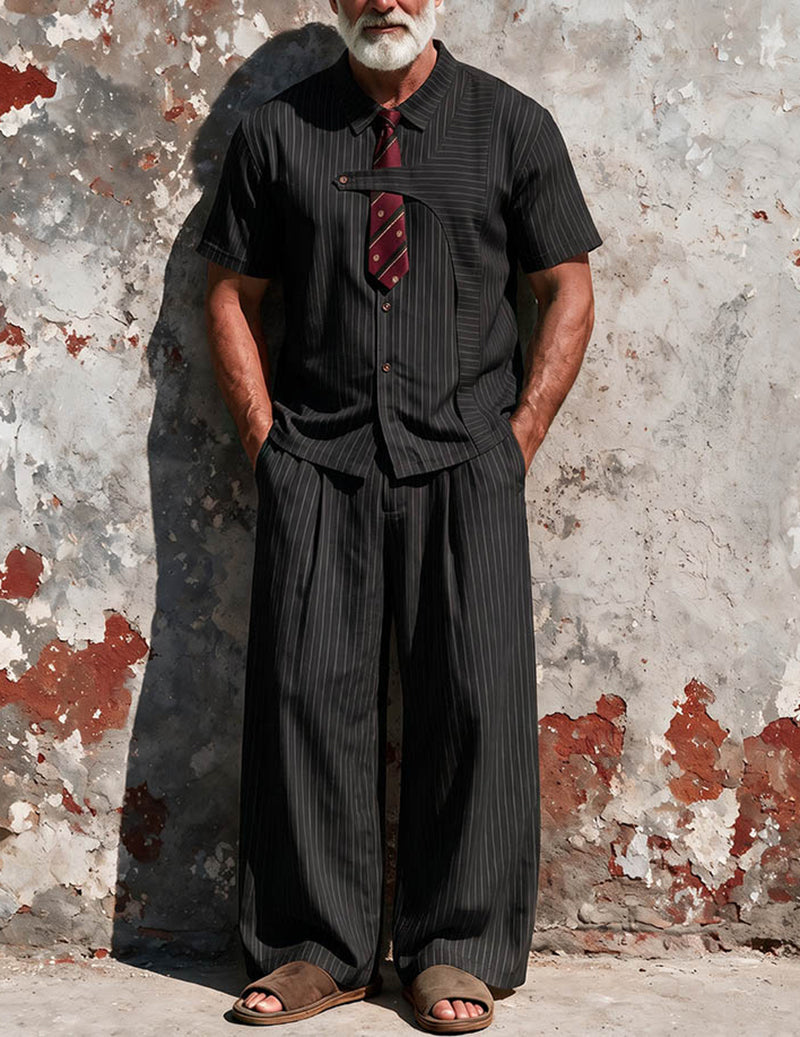 Men Linen-Blend Relaxed Fit Long Sleeve Pajama Set Two-Piece Loungewear - Black