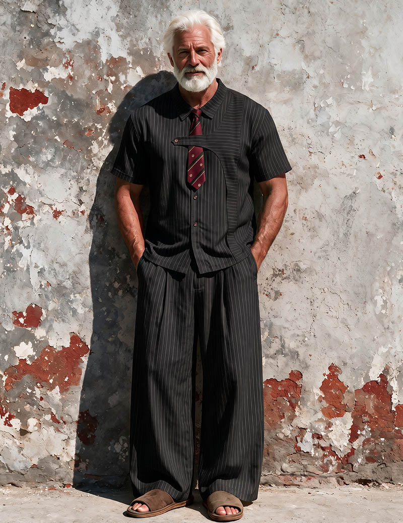 Men Linen-Blend Relaxed Fit Long Sleeve Pajama Set Two-Piece Loungewear - Black