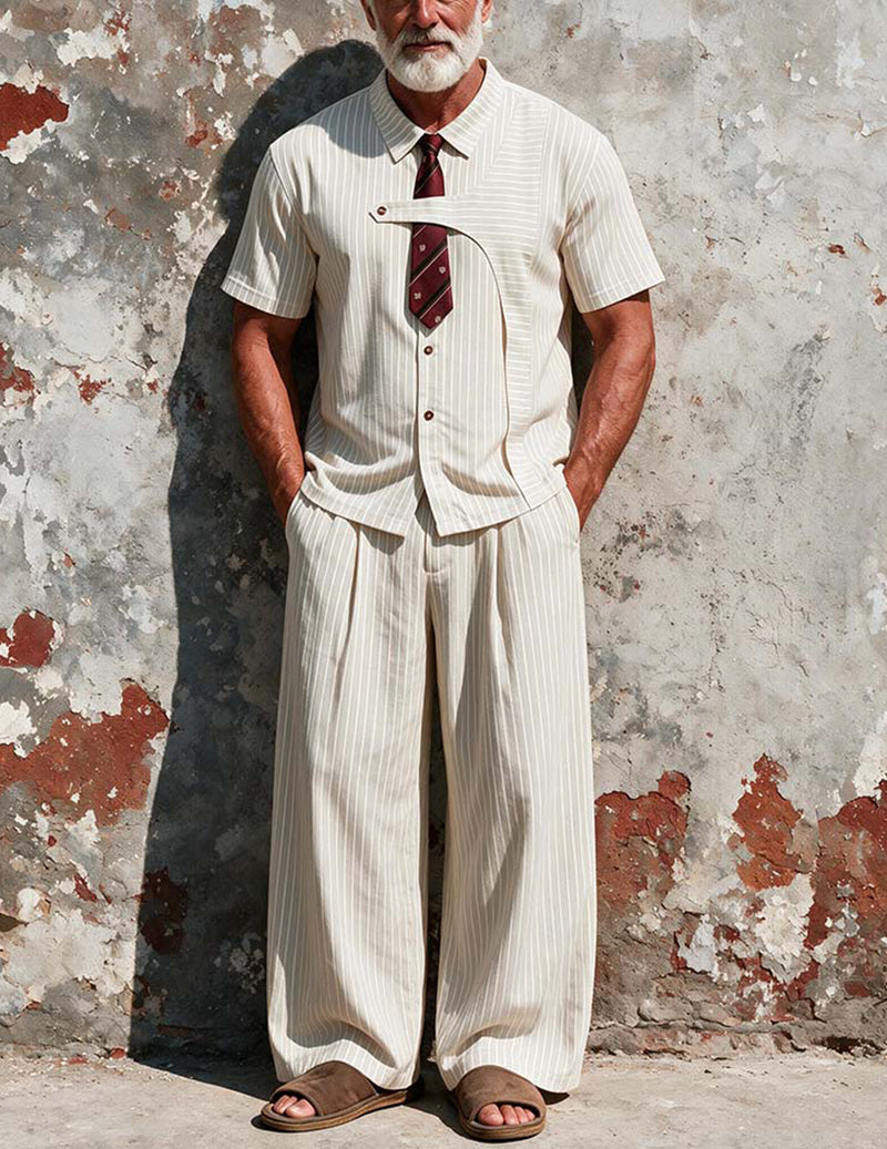 Men Linen-Blend Relaxed Fit Long Sleeve Pajama Set Two-Piece Loungewear - Cream